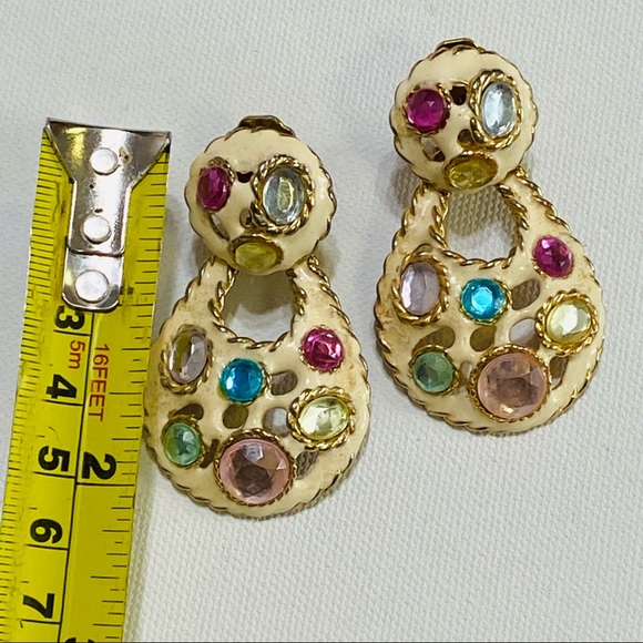VINTAGE GORGEOUS DROP RHINESTONE STATEMENT COLORFUL COSTUME CLIP ON EARRINGS - Picture 7 of 12